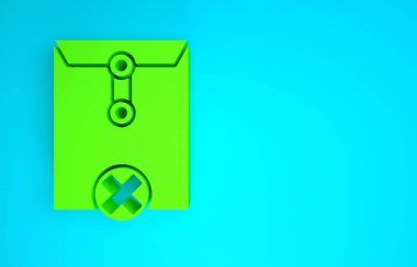 Mavi arkaplanda yeşil silme simgesi izole edildi. Sil ya da hata mektubu. Mesajı geç. Reddedilmiş posta. Minimalizm kavramı. 3d illüstrasyon 3B canlandırma