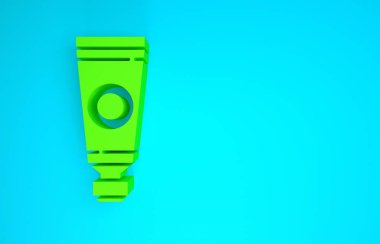 Mavi arka planda izole edilmiş mavi palet simgesi olan yeşil tüp. Minimalizm kavramı. 3d illüstrasyon 3B canlandırma