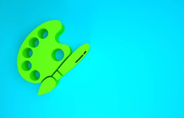 Mavi zemin üzerinde palet simgesi olan yeşil boya fırçası. Minimalizm kavramı. 3d illüstrasyon 3B canlandırma