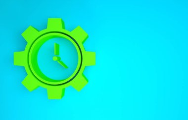 Yeşil Zaman Yönetimi simgesi mavi arkaplanda izole edildi. Saat ve vites tabelası. Üretkenlik sembolü. Minimalizm kavramı. 3d illüstrasyon 3B canlandırma