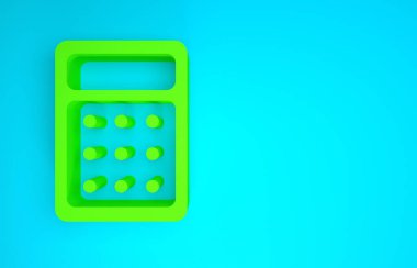 Mavi arkaplanda yeşil hesap makinesi simgesi izole edildi. Muhasebe sembolü. İş hesaplamaları matematik eğitimi ve finans. Minimalizm kavramı. 3d illüstrasyon 3B canlandırma