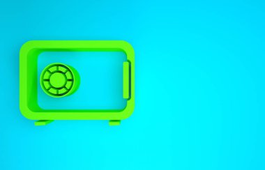 Mavi arkaplanda yeşil kasa simgesi izole edildi. Kapı, şifreli bir banka kasası. Güvenilir Veri Koruma. Minimalizm kavramı. 3d illüstrasyon 3B canlandırma