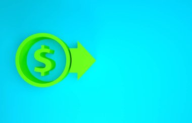 Mavi arkaplanda dolar sembolü olan yeşil sikke parası. Bankacılık işareti. Para sembolü. Minimalizm kavramı. 3d illüstrasyon 3B canlandırma