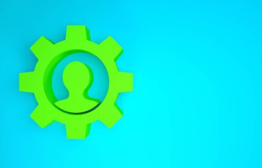 Mavi arka planda izole edilmiş ikon içinde ekipmanı olan yeşil insan. Yapay zeka. Beyin işaretini düşünüyorum. Beynin sembol çalışması. Minimalizm kavramı. 3d illüstrasyon 3B canlandırma