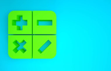 Mavi arkaplanda yeşil hesap makinesi simgesi izole edildi. Muhasebe sembolü. İş hesaplamaları matematik eğitimi ve finans. Minimalizm kavramı. 3d illüstrasyon 3B canlandırma