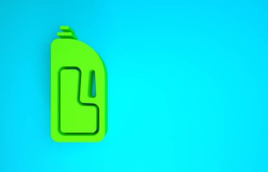 Mavi arkaplan üzerinde lavabo açıcı simgesi olan yeşil konteyner. Plastik şişedeki deterjan. Minimalizm kavramı. 3d illüstrasyon 3B canlandırma