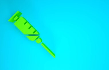 Mavi arkaplanda yeşil şırınga simgesi izole edildi. Aşı için şırınga, aşı, iğne, grip aşısı. Tıbbi ekipman. Minimalizm kavramı. 3d illüstrasyon 3B canlandırma