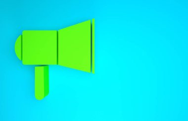 Mavi arkaplanda yeşil megafon simgesi izole edildi. Sözcü işareti. Minimalizm kavramı. 3d illüstrasyon 3B canlandırma
