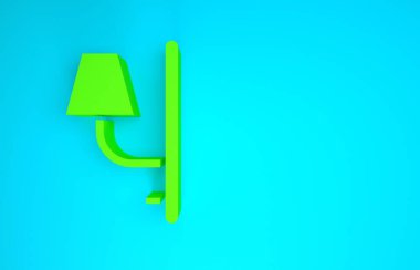 Mavi arkaplanda yeşil duvar lamba simgesi izole edildi. Duvar lambası ışığı. Minimalizm kavramı. 3d illüstrasyon 3B canlandırma