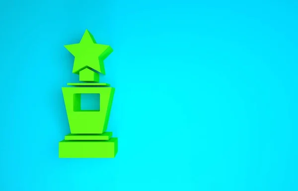 Zöld Díj kupa ikon elszigetelt kék háttérrel. Győztes trófea szimbólum. Bajnokság vagy verseny trófea. Sportteljesítmény tábla. Minimalizmus koncepció. 3d illusztráció 3D render — Stock Fotó