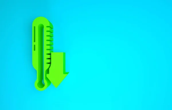 Термометр зеленої метеорології вимірює ікону, ізольовану на синьому фоні. Обладнання термометра показує жарку або холодну погоду. Концепція мінімалізму. 3D-рендеринг — стокове фото