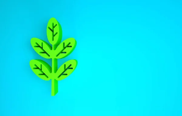 蓝色背景上孤立的绿叶图标。叶子的标志。新鲜的自然产品符号。最低纲领的概念。3D渲染3D插图 — 图库照片