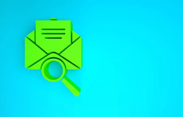 Green Envelope mail with magnifying glass icon isolated on blue background. Minimalism concept. 3d illustration 3D render