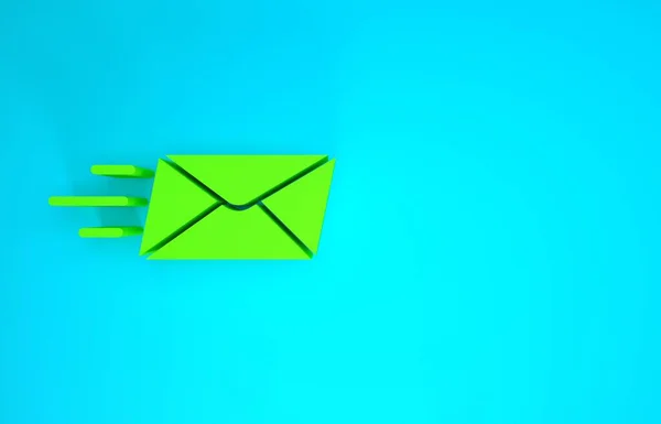 绿色快车信封图标隔离在蓝色背景.电子邮件信件符号。最低纲领的概念。3D渲染3D插图 — 图库照片