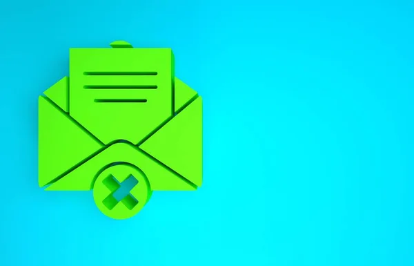 Green Delete envelope icon isolated on blue background. Delete or error letter. Cross on message. Rejected mail. Minimalism concept. 3d illustration 3D render