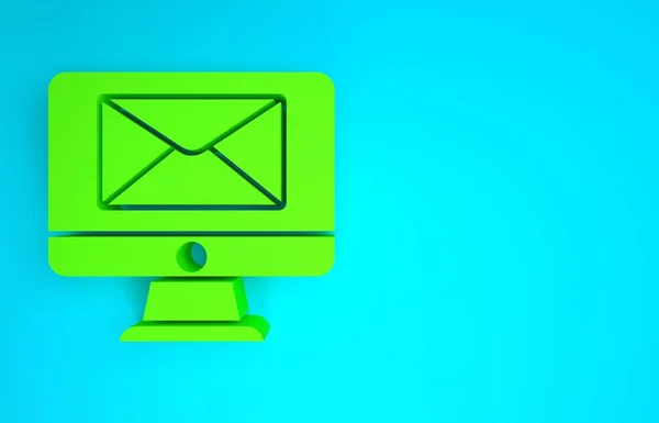 Yeşil monitör ve zarf, yeni mesaj, mavi arkaplanda izole edilmiş posta simgesi. E-posta bültenleri, başlıklar, blog yazıları için kullanım. Minimalizm kavramı. 3d illüstrasyon 3B canlandırma — Stok fotoğraf