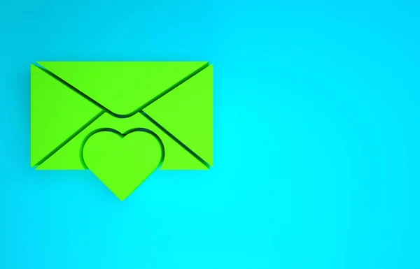 Mavi arka planda Sevgililer Günü kalp ikonu olan yeşil zarf. Mesaj aşkım. Aşk ve romantizm mektubu. Minimalizm kavramı. 3d illüstrasyon 3B canlandırma — Stok fotoğraf