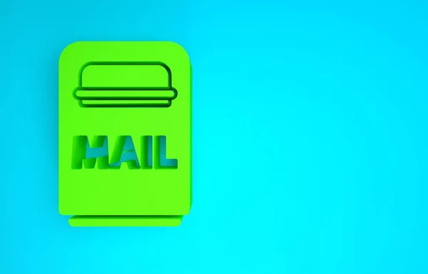 绿色邮箱图标孤立在蓝色背景.信箱图标。邮筒上有旗子.最低纲领的概念。3D渲染3D插图 — 图库照片
