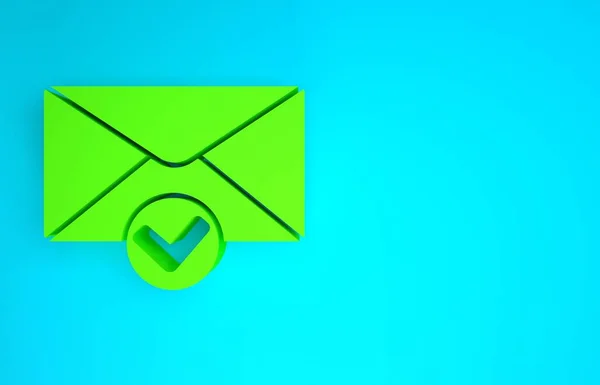 Groene Envelop en vinkje pictogram geïsoleerd op blauwe achtergrond. Succesvolle e-mail levering, e-mail levering bevestiging. Minimalisme concept. 3d illustratie 3D renderen — Stockfoto