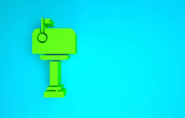 녹색 메일 박스 아이콘은 파란 배경에 분리되어 있습니다. 메일 박스 아이콘이야. 깃발달린 우편 함 이요. 미니멀리즘의 개념입니다. 3d 삽화 3D 렌더링 — 스톡 사진