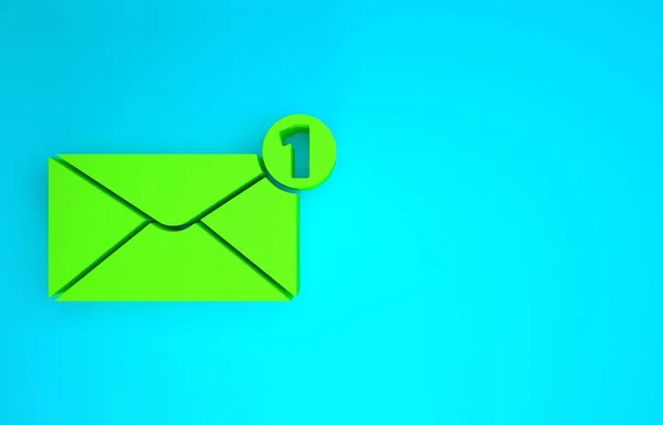 Icône de l'enveloppe verte isolée sur fond bleu. Concept de message reçu. Nouveau, e-mail entrant, sms. Service de livraison de courrier. Concept de minimalisme. Illustration 3D rendu 3D — Photo