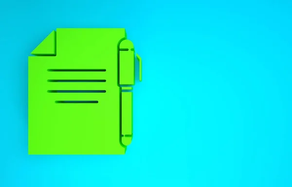 Зелений документ і піктограма ручки ізольовані на синьому фоні. Піктограма файла. Піктограма контрольного списку. Бізнес-концепція. Концепція мінімалізму. 3D ілюстрація 3D рендеринга — стокове фото