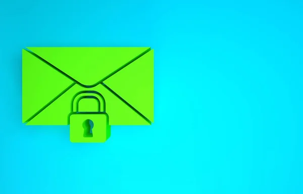 Green Mail message lock password icon isolated on blue background. Envelope with padlock. Private, security, secure, protection, privacy. Minimalism concept. 3d illustration 3D render