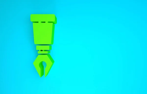 Зелена піктограма ручки фонтану ізольована на синьому фоні. Значок перо. Концепція мінімалізму. 3D ілюстрація 3D рендеринга — стокове фото