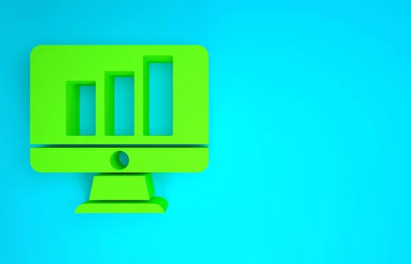 Green Computer monitor with graph chart icon isolated on blue background. Report text file. Accounting sign. Audit, analysis, planning. Minimalism concept. 3d illustration 3D render