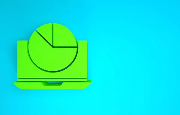 Green Laptop with graph chart icon isolated on blue background. Report text file icon. Accounting sign. Audit, analysis, planning. Minimalism concept. 3d illustration 3D render