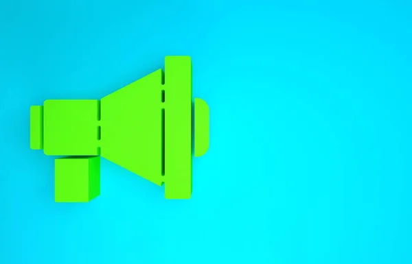 Icono de megáfono verde aislado sobre fondo azul. Fuerte concepto de alerta de voz. Bullhorn para promoción de grito de boquilla. Concepto minimalista. 3D ilustración 3D render — Foto de Stock