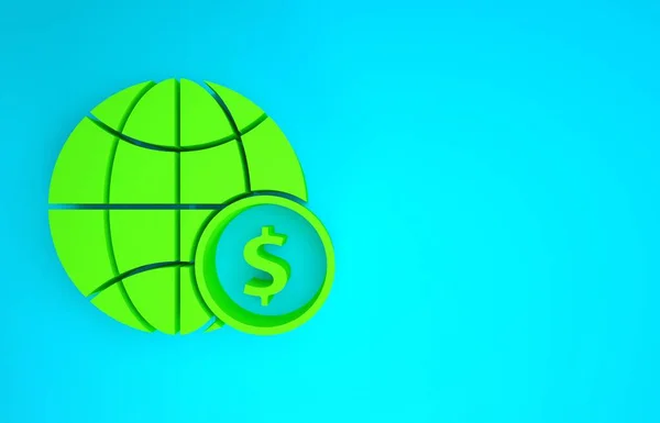 Globo de la Tierra verde con símbolo del dólar icono aislado sobre fondo azul. Signo del mundo o la Tierra. Símbolo global de Internet. Formas geométricas. Concepto minimalista. 3D ilustración 3D render — Foto de Stock