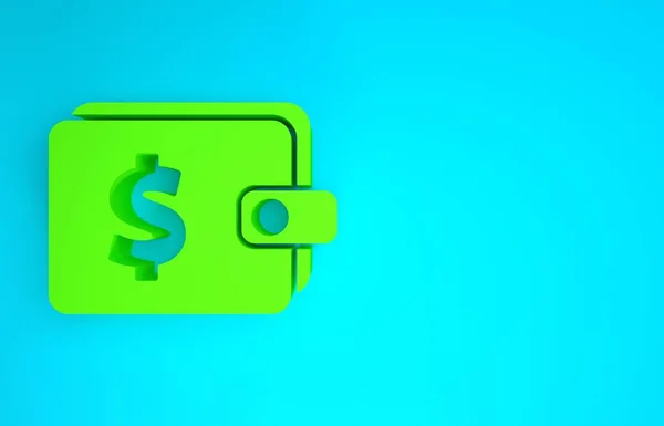 Monedero verde con símbolo de dólar icono aislado sobre fondo azul. Icono del bolso. Símbolo de ahorro. Concepto minimalista. 3D ilustración 3D render — Foto de Stock