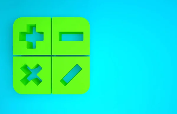 Zöld kalkulátor ikon elszigetelt kék háttérrel. Könyvelési szimbólum. Üzleti számítások matematika oktatás és pénzügy. Minimalizmus koncepció. 3d illusztráció 3D render — Stock Fotó