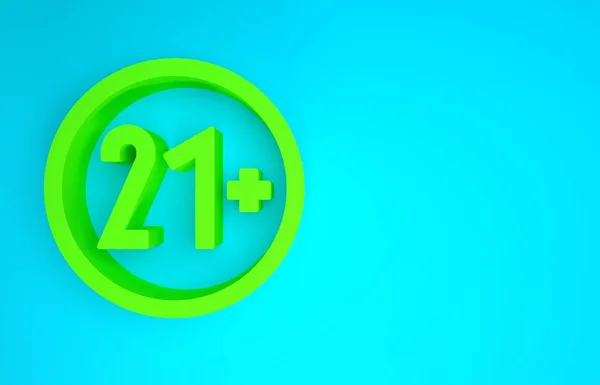 Зеленый 21 плюс значок выделен на синем фоне. Значок содержания для взрослых. Концепция минимализма. 3D-рендеринг — стоковое фото