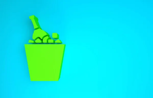 Πράσινο μπουκάλι σαμπάνιας σε ένα εικονίδιο κουβά πάγου απομονωμένο σε μπλε φόντο. Μινιμαλιστική έννοια. 3d απεικόνιση 3D καθιστούν — Φωτογραφία Αρχείου