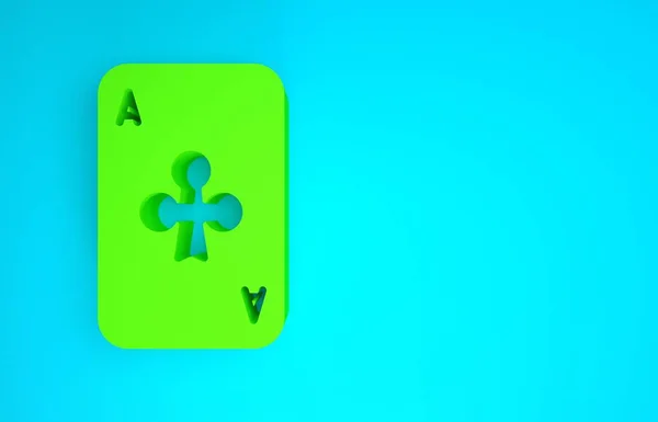Mavi arkaplanda kulüp sembolü olan yeşil oyun kartı. Kumarhane kumarı. Minimalizm kavramı. 3d illüstrasyon 3B canlandırma — Stok fotoğraf