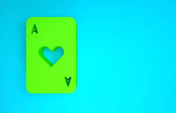 Mavi arka planda kalp sembolü simgesi olan yeşil oyun kartı. Kumarhane kumarı. Minimalizm kavramı. 3d illüstrasyon 3B canlandırma — Stok fotoğraf