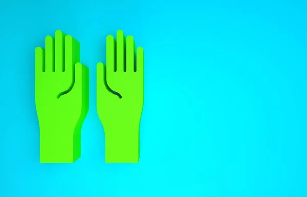 Grüne Gummihandschuhe auf blauem Hintergrund. Handschutzschild aus Latex. Reinigungsgeräte für den Hausgebrauch. Minimalismus-Konzept. 3D Illustration 3D Renderer — Stockfoto