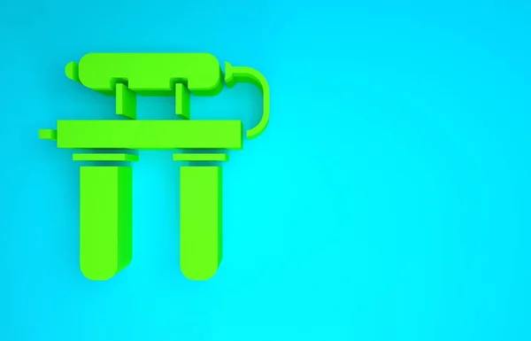 Icono de filtro de agua verde aislado sobre fondo azul. Sistema de filtración de agua. Sistema de ósmosis inversa. Concepto minimalista. 3D ilustración 3D render —  Fotos de Stock