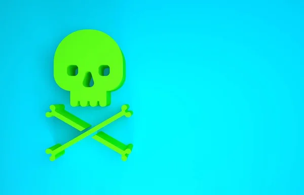 蓝色背景下隔离的交叉骨骼图标上的绿色骷髅。最低纲领的概念。3D渲染3D插图 — 图库照片