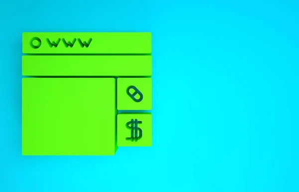 Зелений Купівля наркотиків онлайн значок ізольовані на синьому фоні. Онлайн символ купівлі. Концепція мінімалізму. 3D ілюстрація 3D рендеринга — стокове фото