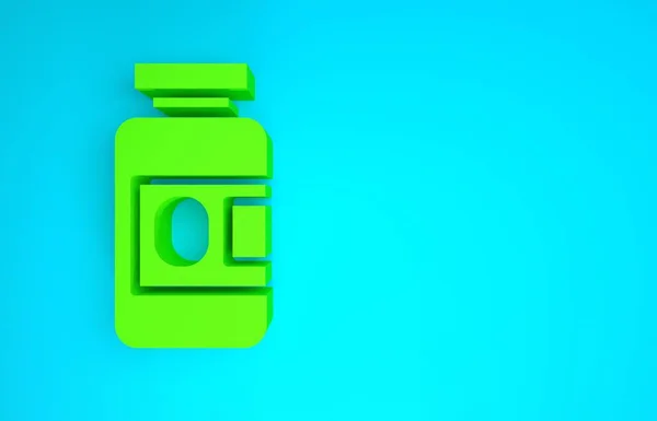 파란 배경에 녹색 약 병 과 알약 아이콘을 분리 했습니다. 병 약 표시. 약국 디자인. 최소성 개념. 3D 일러스트 3D 렌더링 — 스톡 사진