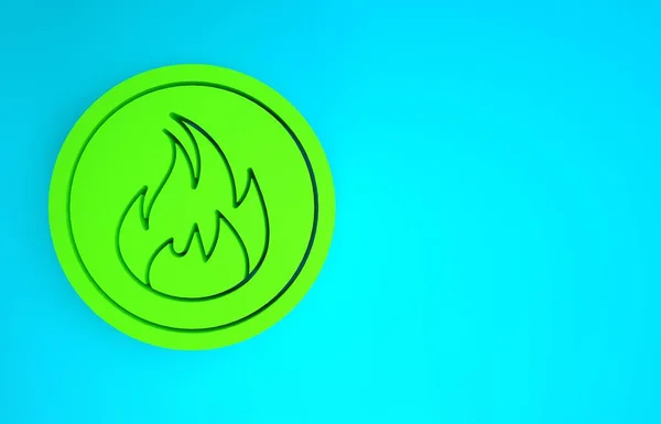 Ikona zeleného ohně izolované na modrém pozadí. Minimalismus. 3D ilustrace 3D vykreslení — Stock fotografie
