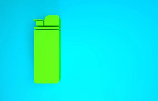 Зеленый значок зажигалки выделен на синем фоне. Концепция минимализма. 3D-рендеринг — стоковое фото