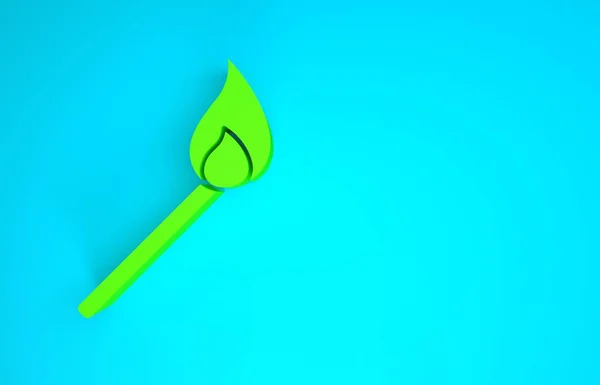 Green Burning mérkőzés tűz ikon elszigetelt kék háttér. Egyezik a tűzzel. Gyufa aláírás. Minimalizmus koncepció. 3d illusztráció 3D render — Stock Fotó