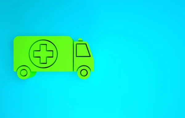 Green Ambulance and emergency car icon isolated on blue background. Ambulance vehicle medical evacuation. Minimalism concept. 3d illustration 3D render — Stock Photo, Image
