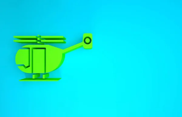 Зеленый значок воздушного судна Вертолет выделен на синем фоне. Концепция минимализма. 3D-рендеринг — стоковое фото
