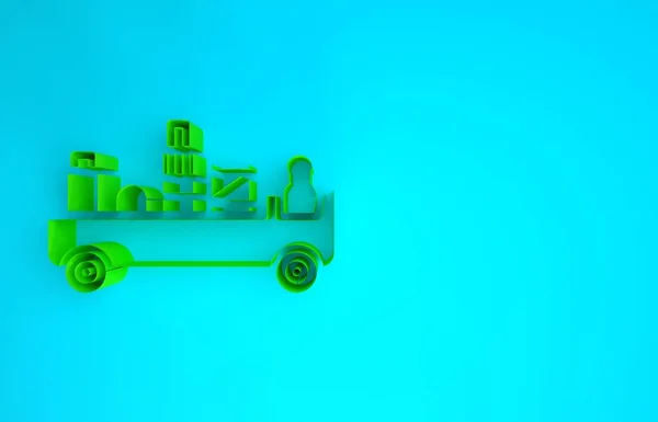 Green Airport luggage towing truck icon isolated on blue background. Airport luggage delivery car. Minimalism concept. 3d illustration 3D render