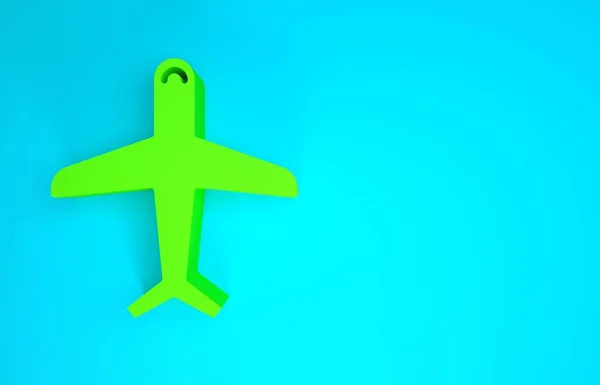 Green Plane icon isolated on blue background. Flying airplane icon. Airliner sign. Minimalism concept. 3d illustration 3D render — Stock Photo, Image